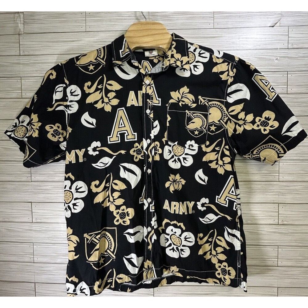 Wes & Willie Men's Cotton Black Nights Army Black‎ Gold Hawaiian Floral Sz XL
